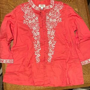 😍Talbots Women's Top Floral Embroidered 3/4 Sleeve Coral Size Large Petite